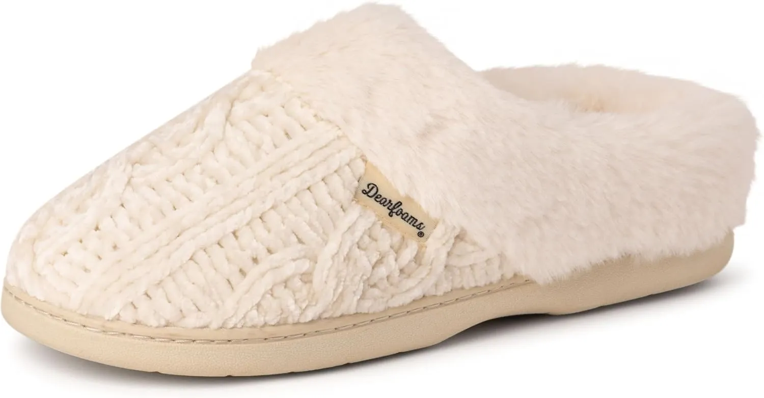 Dearfoams Women's Fuzzy Memory Foam Cable Knit Claire Clog House Slipper with Wide Widths