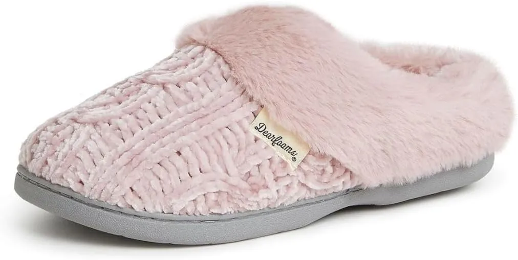 Dearfoams Women's Fuzzy Memory Foam Cable Knit Claire Clog House Slipper with Wide Widths