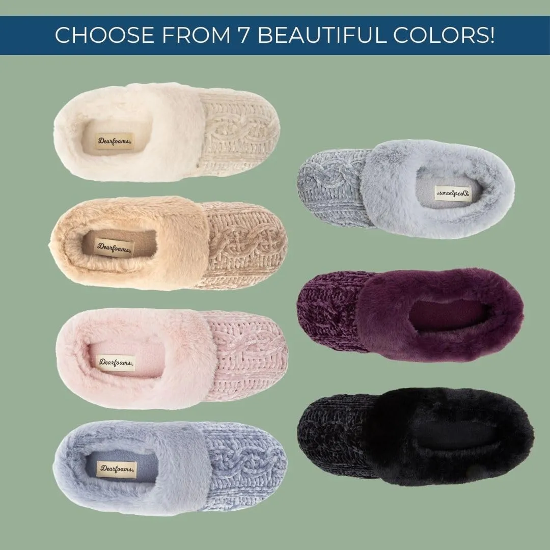 Dearfoams Women's Fuzzy Memory Foam Cable Knit Claire Clog House Slipper with Wide Widths