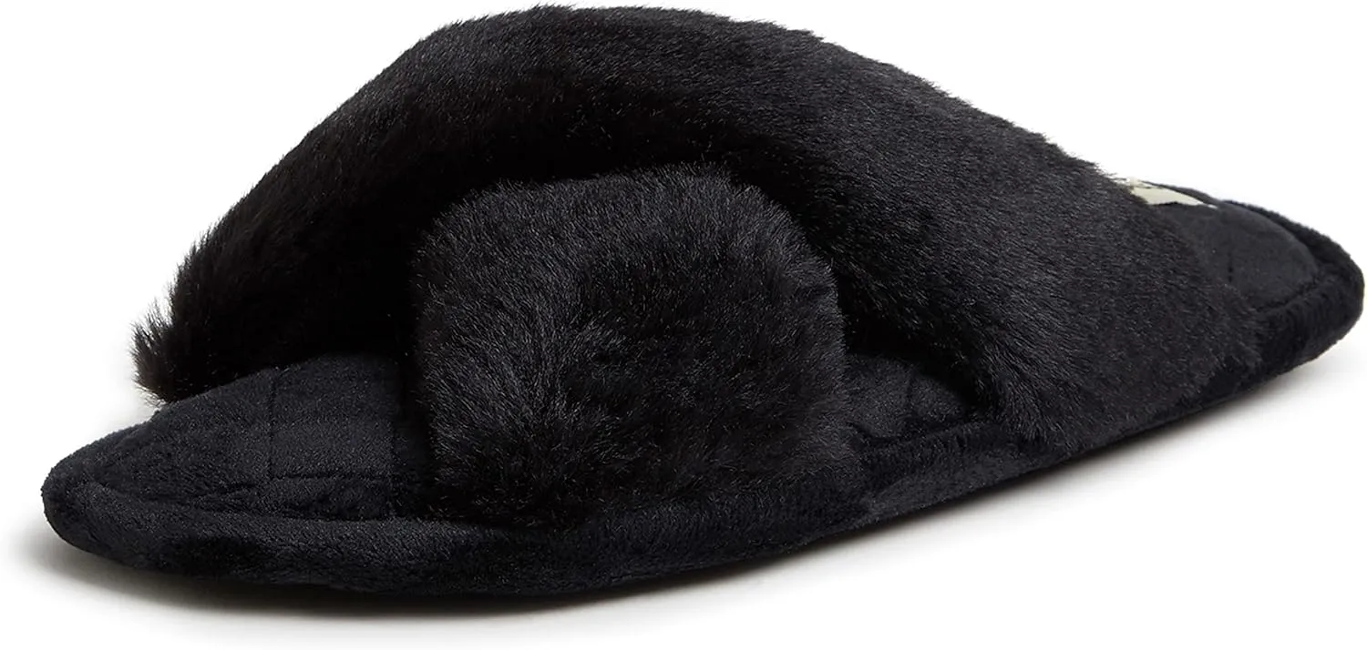Dearfoams Women's Jessica Furry Cross Band Slide Slipper