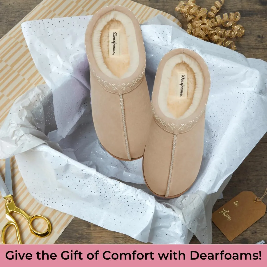 Dearfoams Women's Suede Indoor Outdoor Slip on Memory Foam House Doreen Clog Slippers
