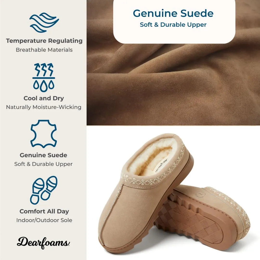 Dearfoams Women's Suede Indoor Outdoor Slip on Memory Foam House Doreen Clog Slippers