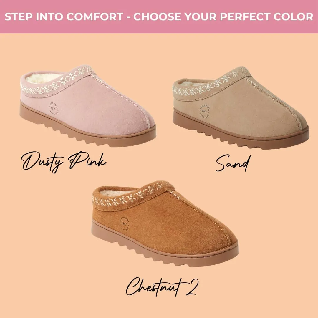 Dearfoams Women's Suede Indoor Outdoor Slip on Memory Foam House Doreen Clog Slippers