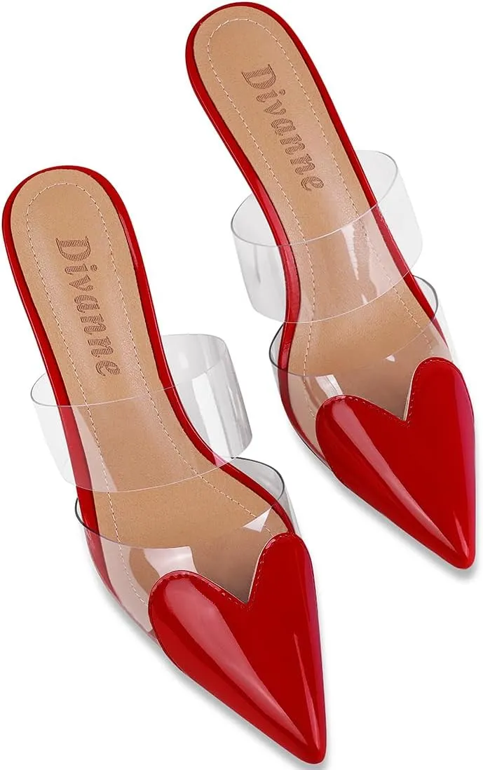 Divanne Women's Heart Heeled Mules Pointed Toe Mule Pumps High Heel Mules Slip On Clear Heeled Sandals