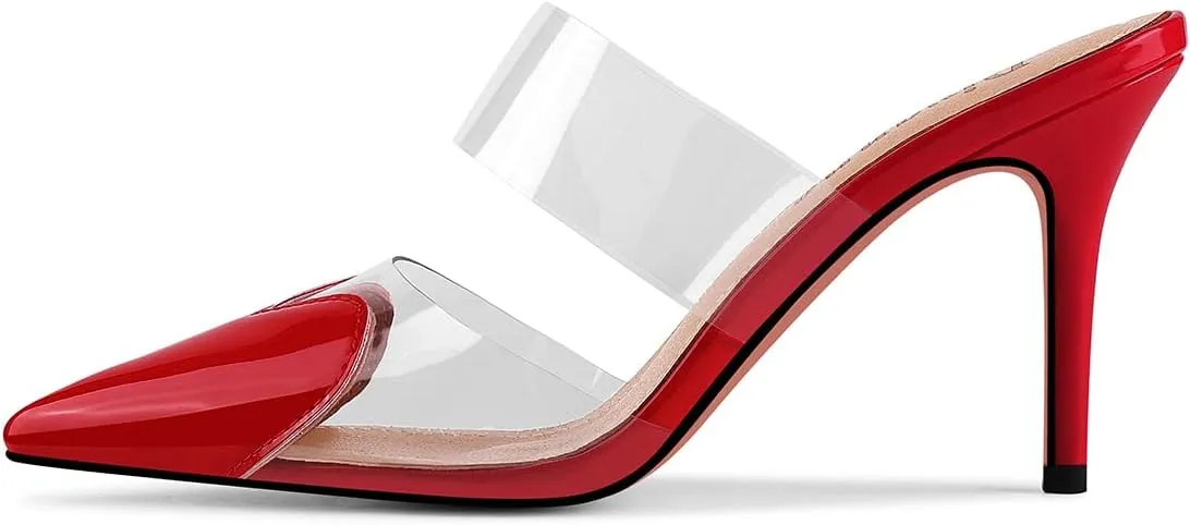 Divanne Women's Heart Heeled Mules Pointed Toe Mule Pumps High Heel Mules Slip On Clear Heeled Sandals