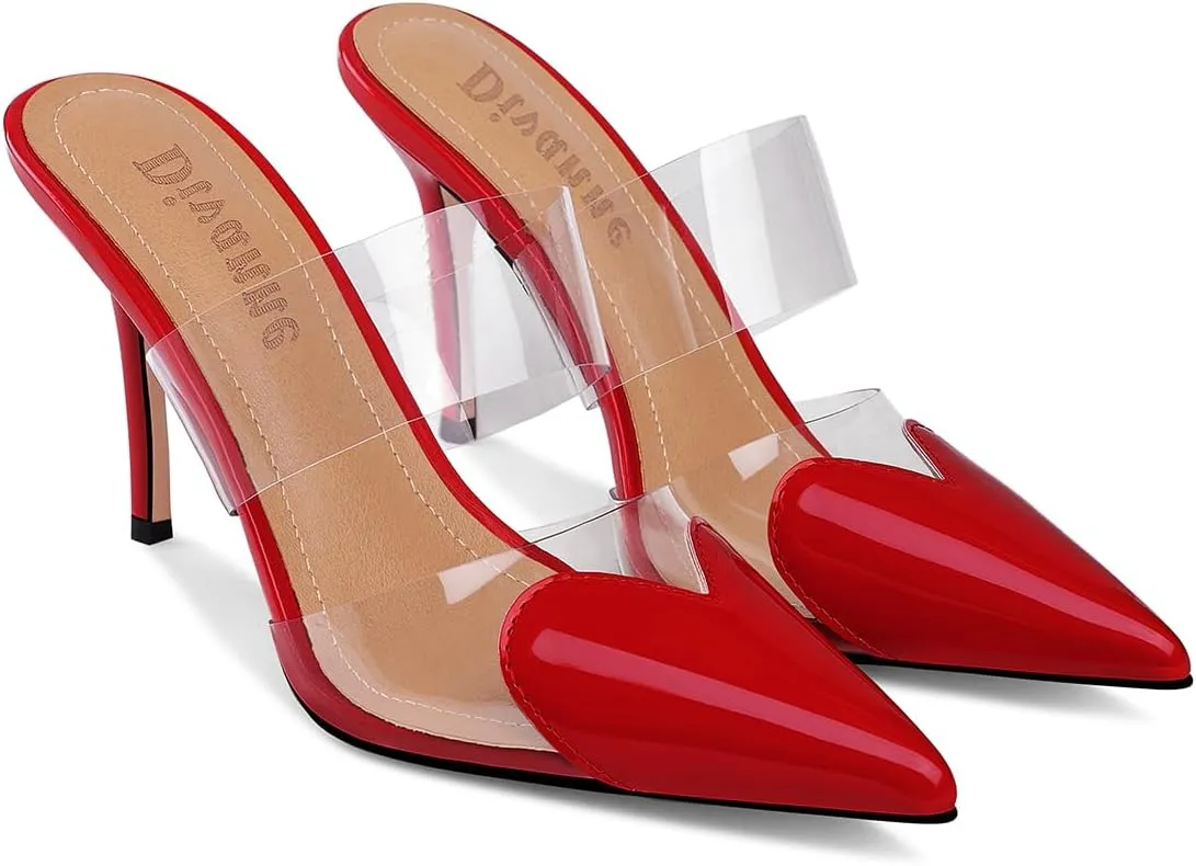 Divanne Women's Heart Heeled Mules Pointed Toe Mule Pumps High Heel Mules Slip On Clear Heeled Sandals