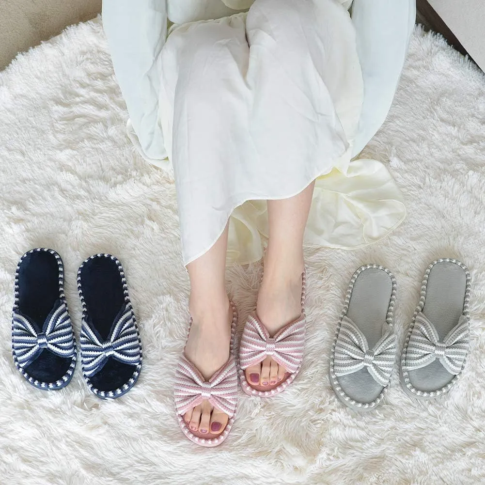 DL Women's Memory Foam Open Toe Slide Slippers with Cute Bow and Cozy Terry Lining, Slip-on House Shoes Spa Mules Sandals with Indoor Outdoor Rubber Sole