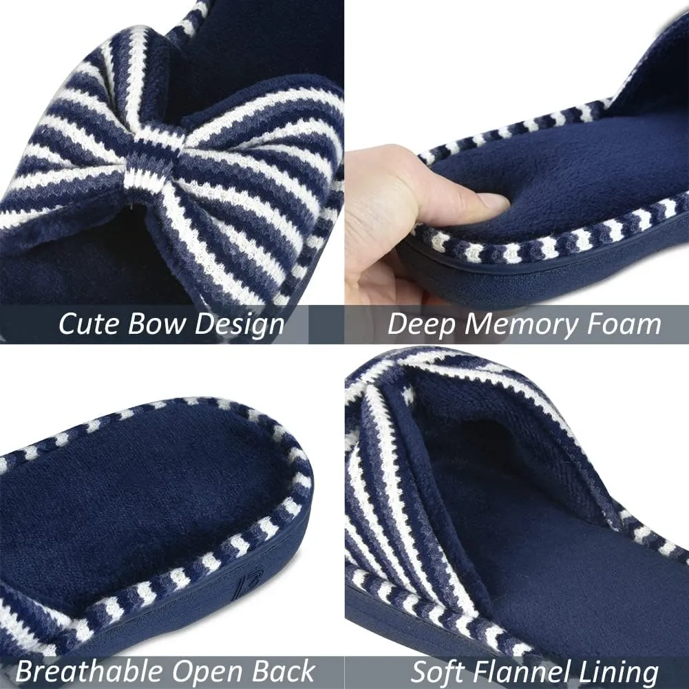 DL Women's Memory Foam Open Toe Slide Slippers with Cute Bow and Cozy Terry Lining, Slip-on House Shoes Spa Mules Sandals with Indoor Outdoor Rubber Sole