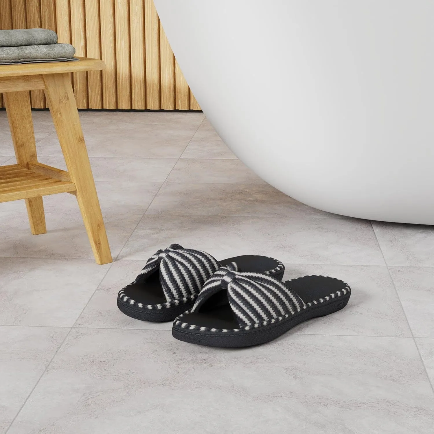 DL Women's Memory Foam Open Toe Slide Slippers with Cute Bow and Cozy Terry Lining, Slip-on House Shoes Spa Mules Sandals with Indoor Outdoor Rubber Sole