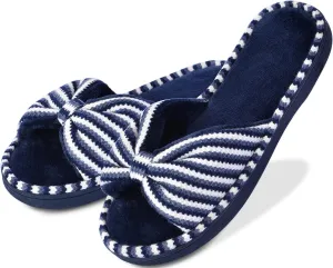 DL Women's Memory Foam Open Toe Slide Slippers with Cute Bow and Cozy Terry Lining, Slip-on House Shoes Spa Mules Sandals with Indoor Outdoor Rubber Sole