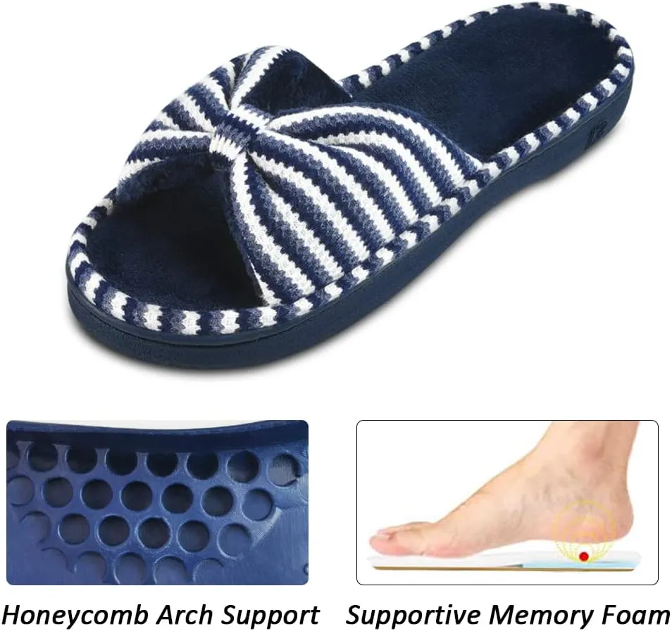DL Women's Memory Foam Open Toe Slide Slippers with Cute Bow and Cozy Terry Lining, Slip-on House Shoes Spa Mules Sandals with Indoor Outdoor Rubber Sole
