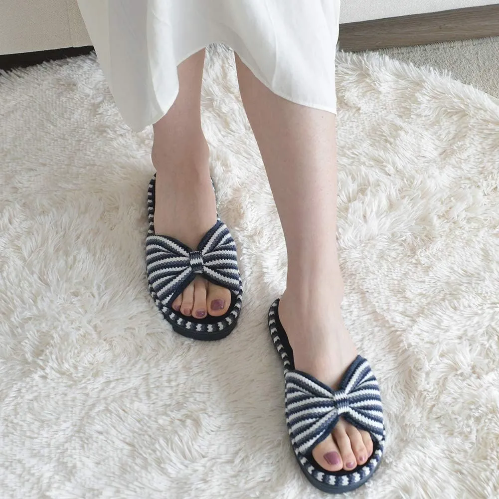 DL Women's Memory Foam Open Toe Slide Slippers with Cute Bow and Cozy Terry Lining, Slip-on House Shoes Spa Mules Sandals with Indoor Outdoor Rubber Sole