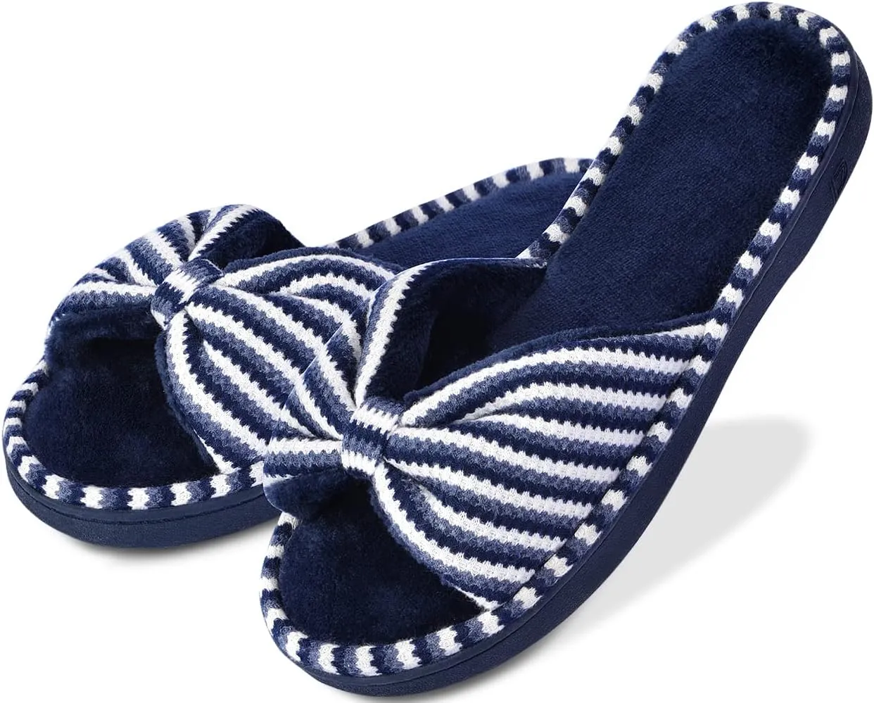 DL Women's Memory Foam Open Toe Slide Slippers with Cute Bow and Cozy Terry Lining, Slip-on House Shoes Spa Mules Sandals with Indoor Outdoor Rubber Sole