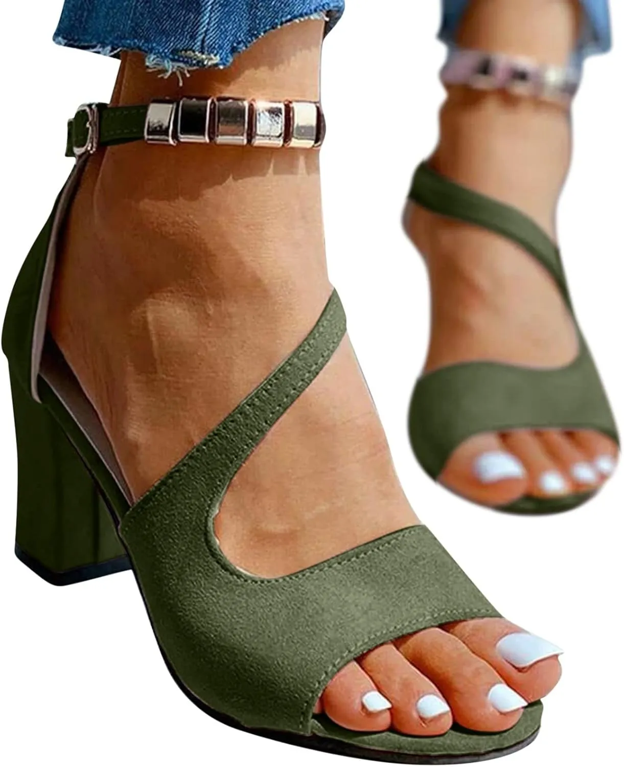 Dress Shoes for Women Open Toe Suede Sandals Summer Chunky Heels Block Heel Office Sandals Ankle Strap Work Shoes