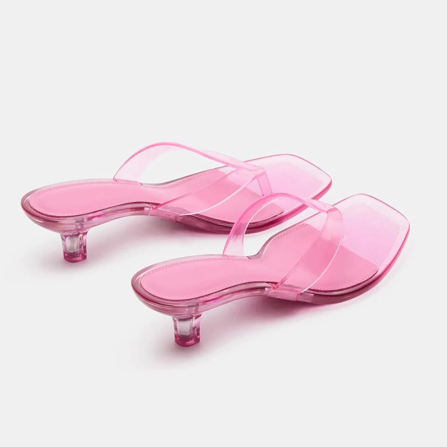 Dsevht Jelly Kitten Heel Sandals for Women Clear Square Toe Flip Flop Thong Mule Heeled Summer Beach Slip On Slide Shoes