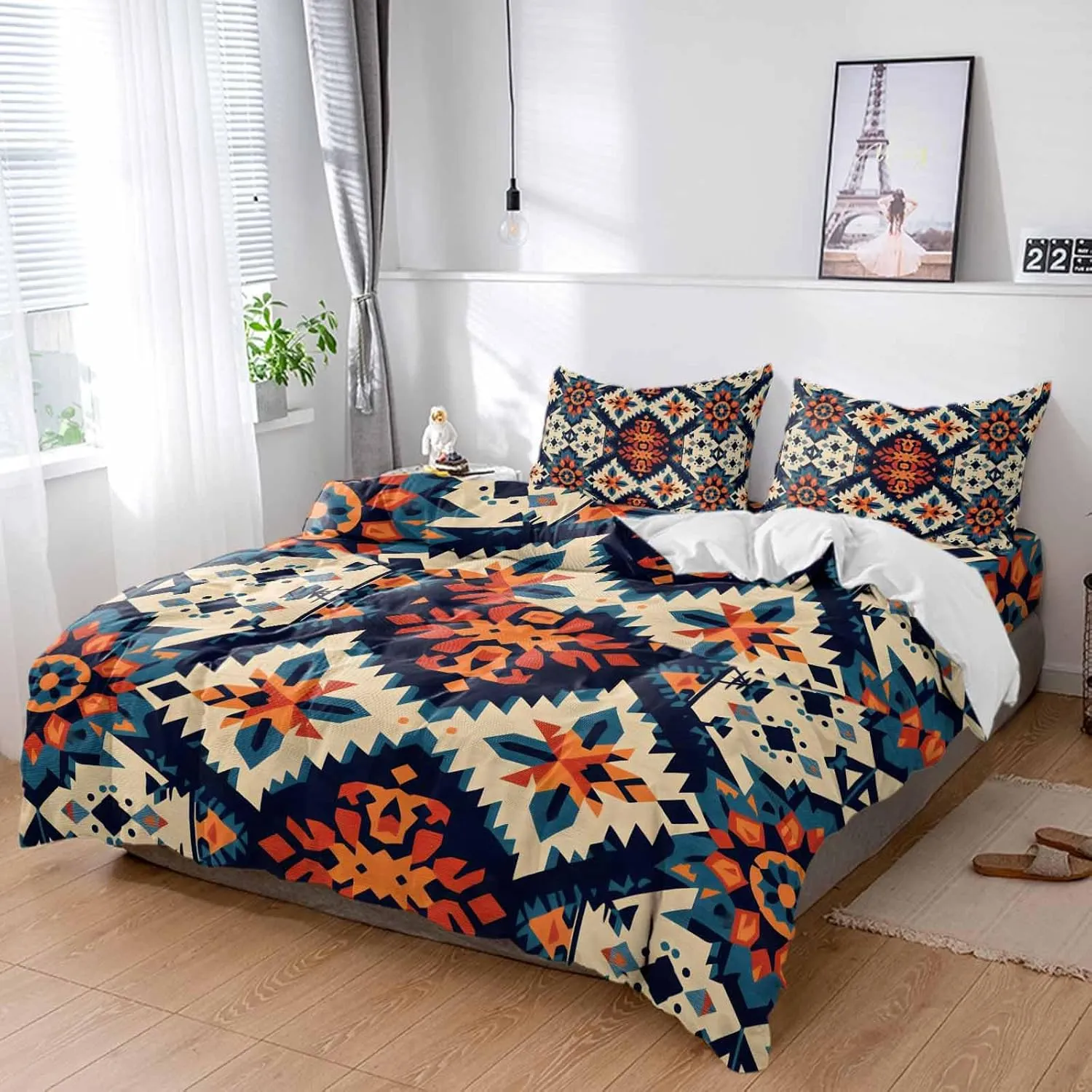 Duvet Cover Set-4 Pieces Cal King Bedding Sets Tribal Native American Indian Geometric ,Ultra Soft Microfiber Comforter Cover with Pillow Shams Bed Flat Sheet for Bedroom Decor Exotic Stripe Line
