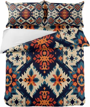 Duvet Cover Set-4 Pieces Cal King Bedding Sets Tribal Native American Indian Geometric ,Ultra Soft Microfiber Comforter Cover with Pillow Shams Bed Flat Sheet for Bedroom Decor Exotic Stripe Line