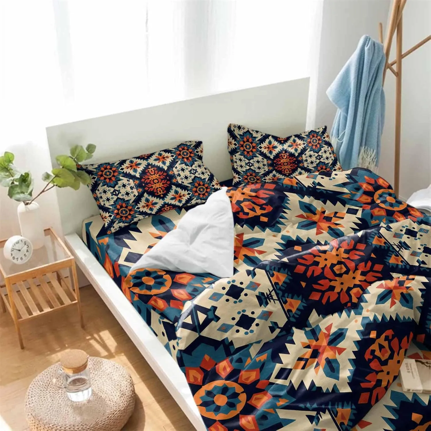 Duvet Cover Set-4 Pieces Cal King Bedding Sets Tribal Native American Indian Geometric ,Ultra Soft Microfiber Comforter Cover with Pillow Shams Bed Flat Sheet for Bedroom Decor Exotic Stripe Line