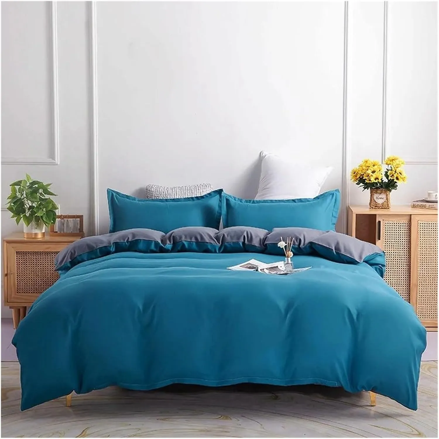 Duvet Cover Set Green Reversible Bedding Set with Duvet Cover Sheet Pillowcase 4 Piece Home Textile Products,Easy Care (B Twin)