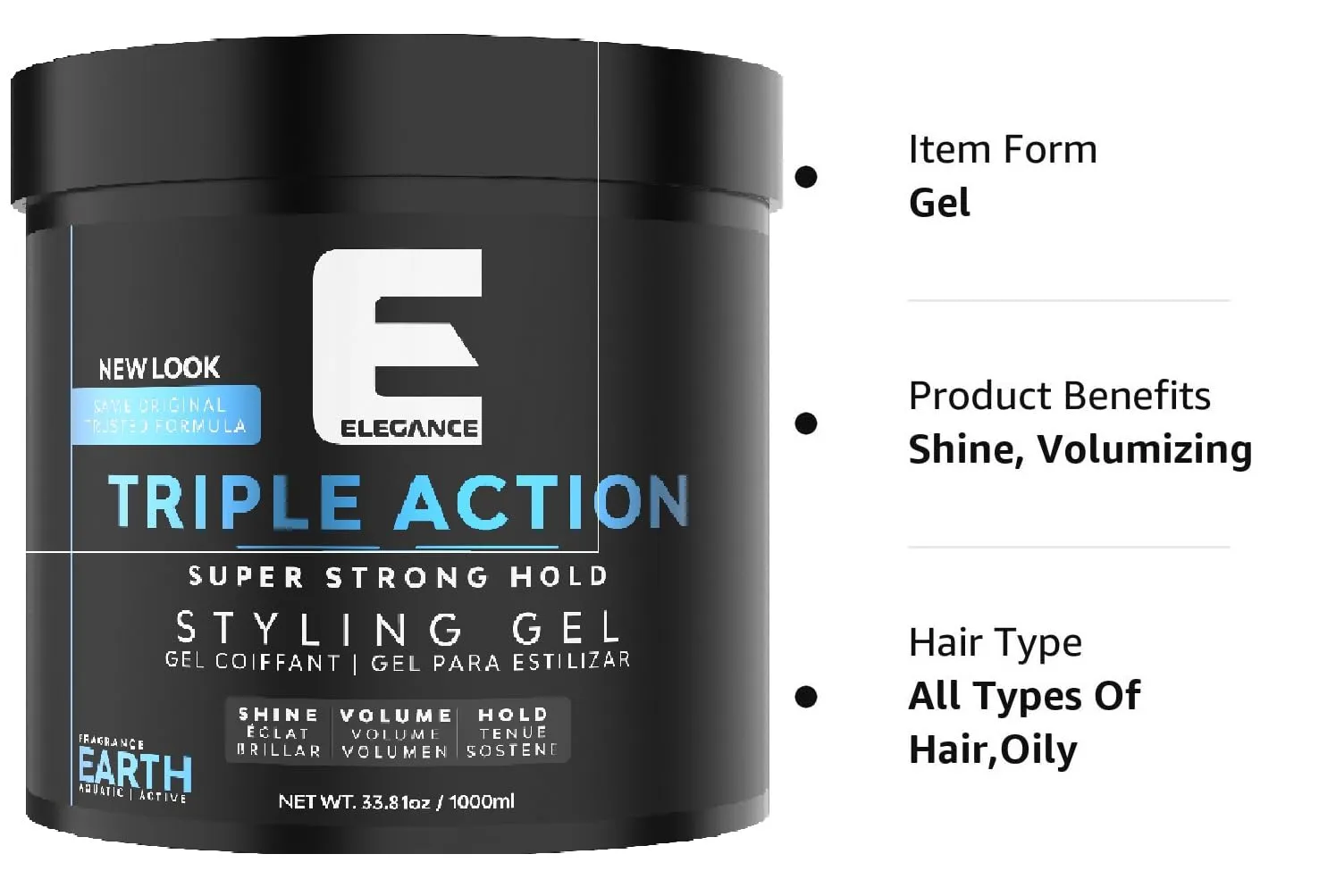 E Elegance Earth Fragrance Triple Action Hair Gel for Men And Women - Super Strong Hold, Extreme Volume, And Long Lasting Shine - Flake Free And Refreshing Fragrance - All Hair Types, 33.8 oz