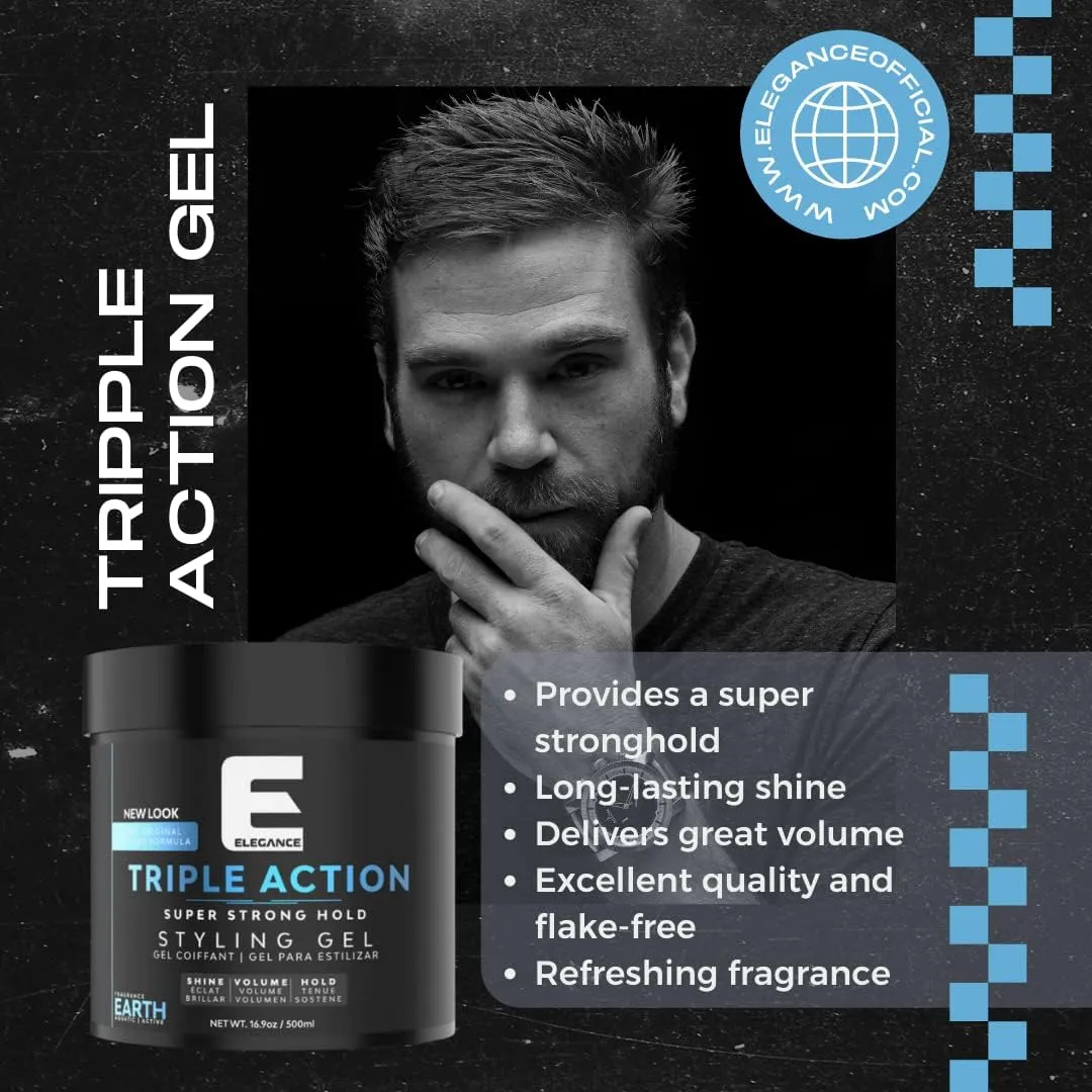 E Elegance Earth Fragrance Triple Action Hair Gel for Men And Women - Super Strong Hold, Extreme Volume, And Long Lasting Shine - Flake Free And Refreshing Fragrance - All Hair Types, 33.8 oz