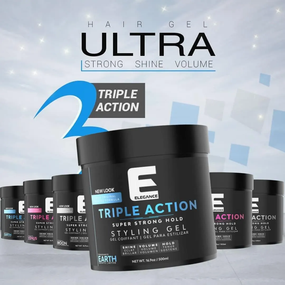 E Elegance Earth Fragrance Triple Action Hair Gel for Men And Women - Super Strong Hold, Extreme Volume, And Long Lasting Shine - Flake Free And Refreshing Fragrance - All Hair Types, 33.8 oz