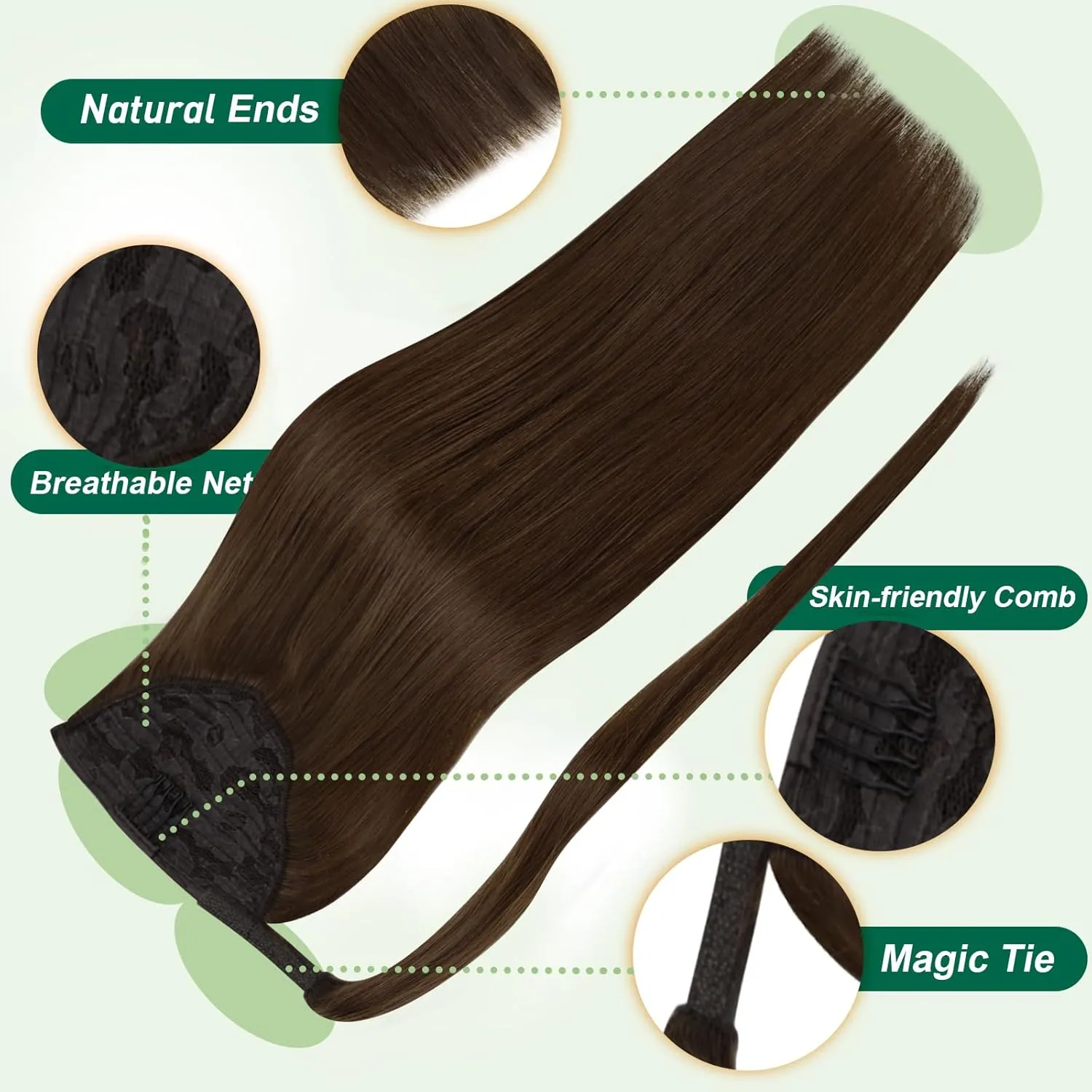 Easyouth Brown Pony Tails Hair Extensions Human Hair Straight Ponytail Extension Human Hair Chocolate Brown Wrap Around Ponytail Extension Remy Hair #4 14Inch 70g