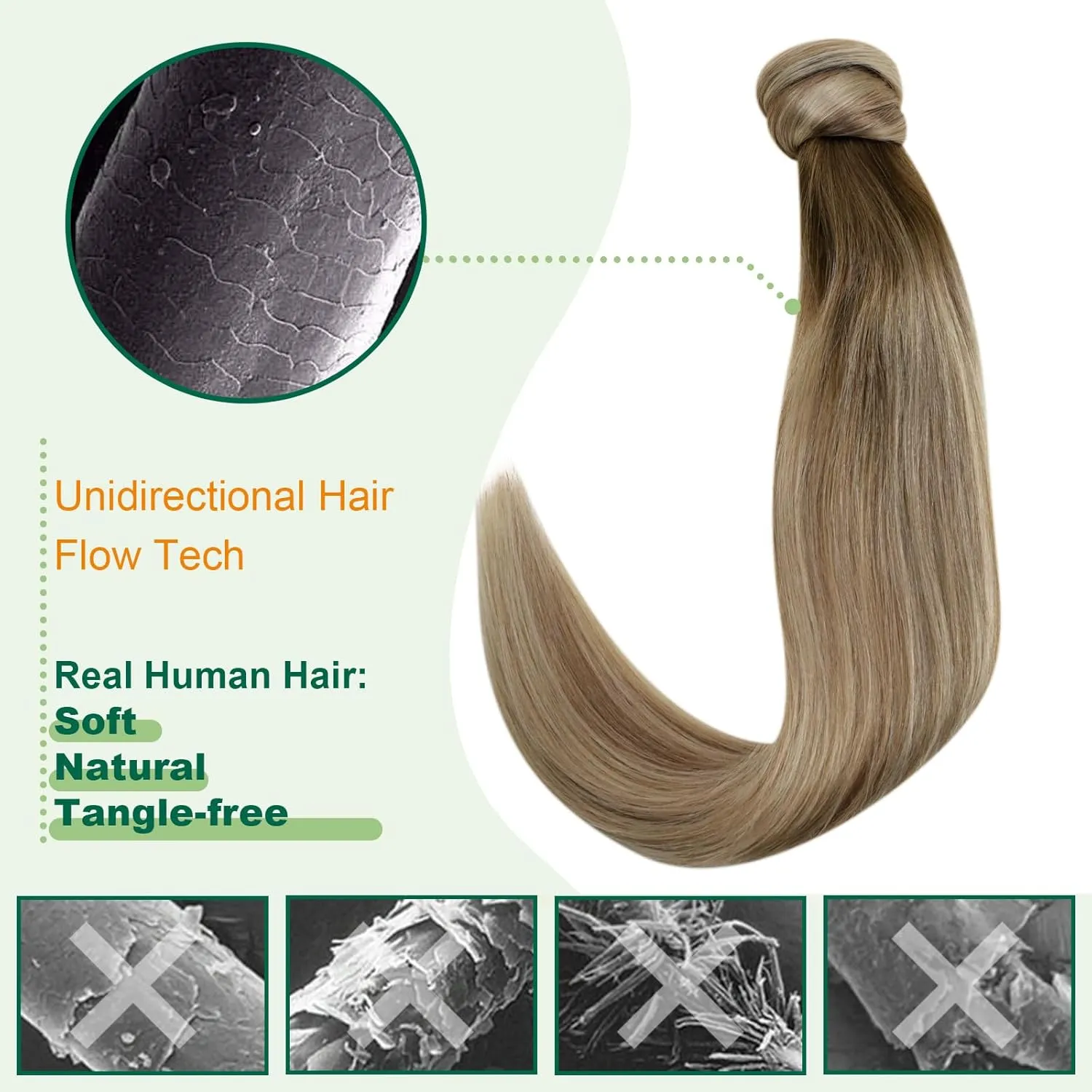 Easyouth Human Hair Ombre Ponytail Extension 14Inch 70g Clip-In Wavy Walnut Brown Ombre Blonde