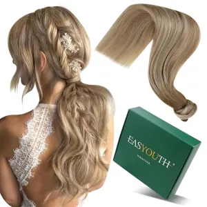 Easyouth Human Hair Ombre Ponytail Extension 14Inch 70g Clip-In Wavy Walnut Brown Ombre Blonde