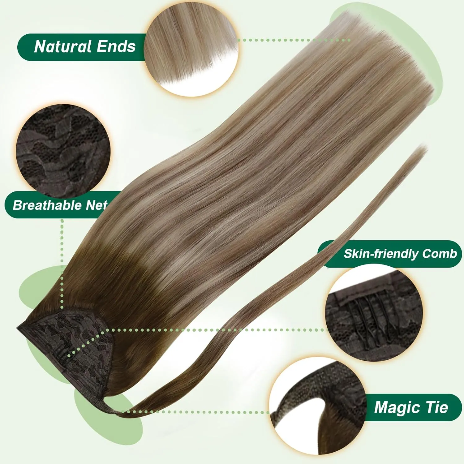 Easyouth Human Hair Ombre Ponytail Extension 14Inch 70g Clip-In Wavy Walnut Brown Ombre Blonde