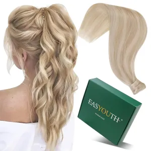 Easyouth Pony Tails Hair Extensions Human Hair Softness Ponytail Extension Human Hair Golden Blonde Highlighted Light Blonde Ponytail Hair Extensions for Thinning Hair 14Inch 70g