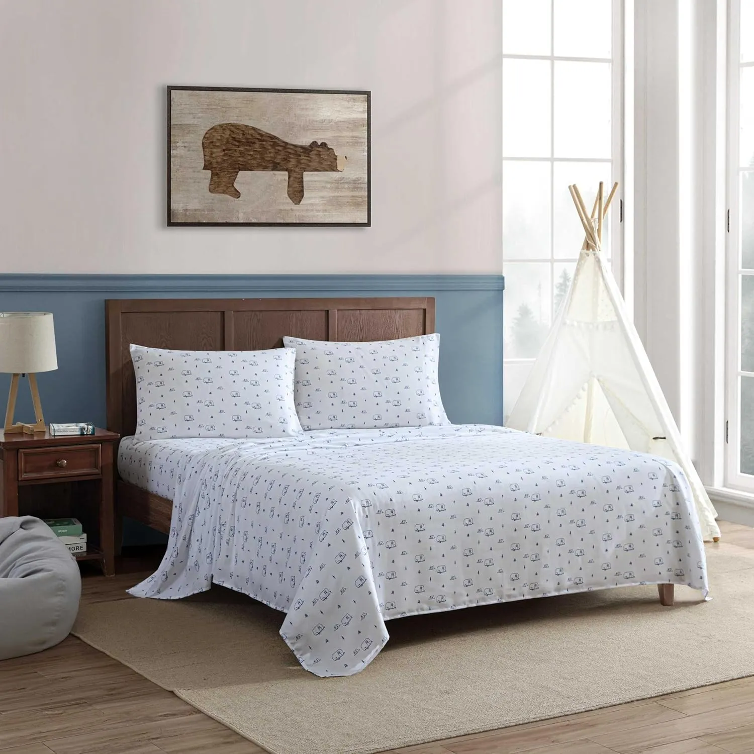 Eddie Bauer Kids - Full Sheets, Stain-Resistant Toddler Bedding with Matching Sham(s), Super Soft, Ideal Boy Room Essentials (Travel Trailer Blue, Full)