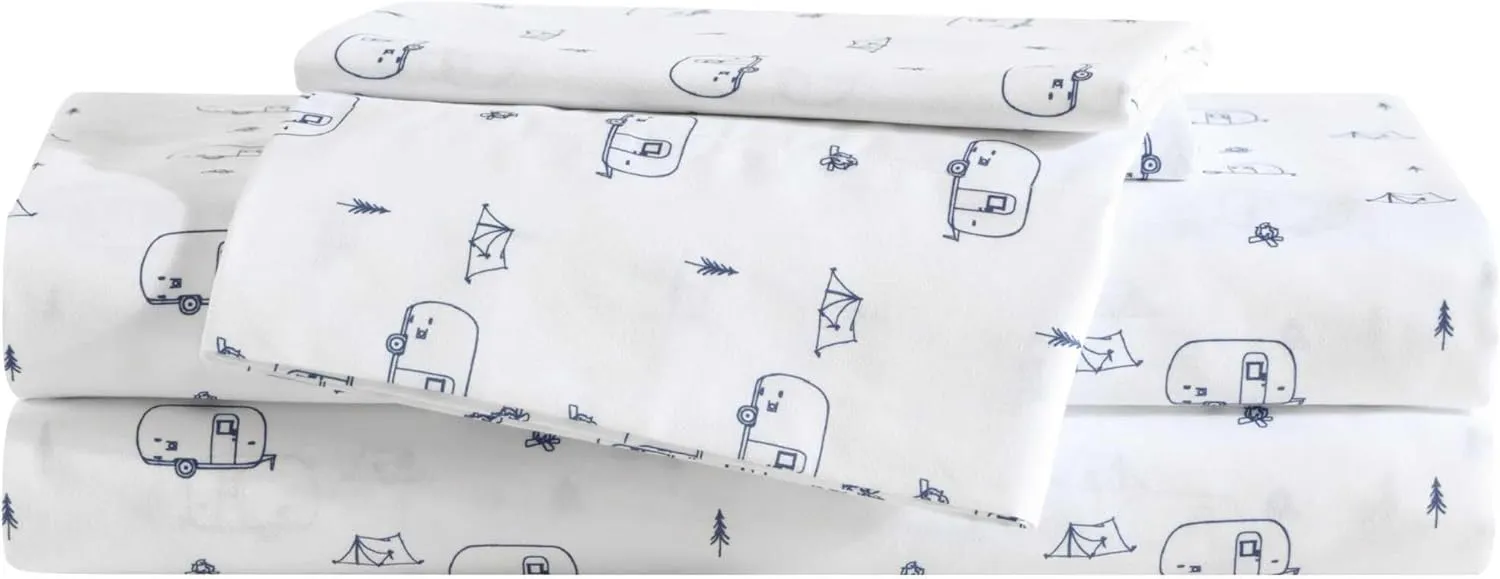 Eddie Bauer Kids - Full Sheets, Stain-Resistant Toddler Bedding with Matching Sham(s), Super Soft, Ideal Boy Room Essentials (Travel Trailer Blue, Full)