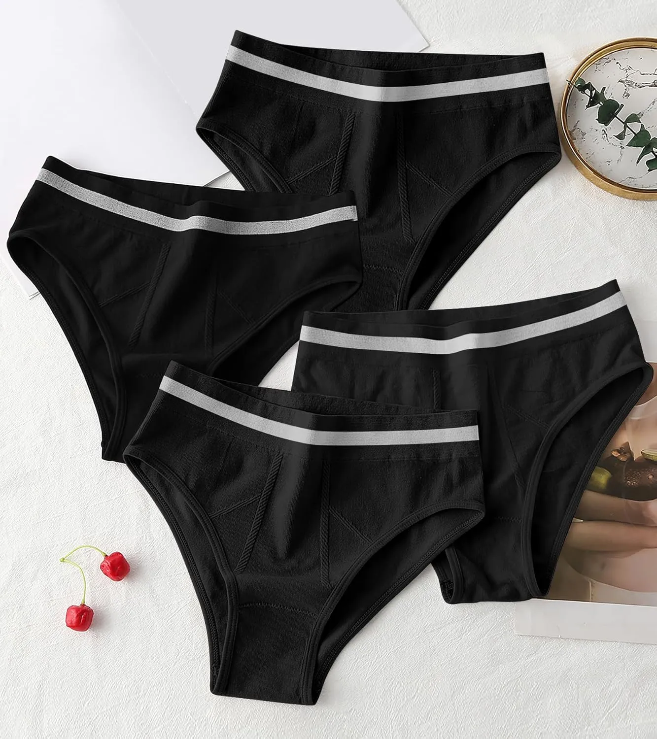 Eiggam Breathable Wicking Underwear High Waist Bikini Underwear Slight Tummy Control Panty Elastic No Show Cheeky Panty Pack