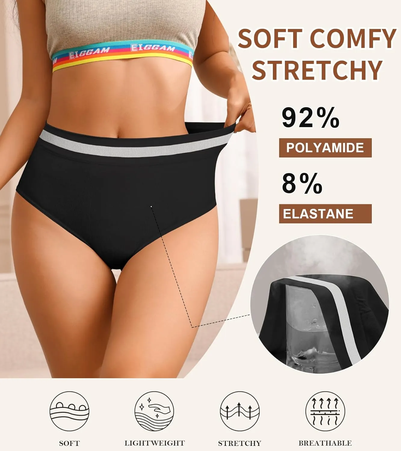 Eiggam Breathable Wicking Underwear High Waist Bikini Underwear Slight Tummy Control Panty Elastic No Show Cheeky Panty Pack