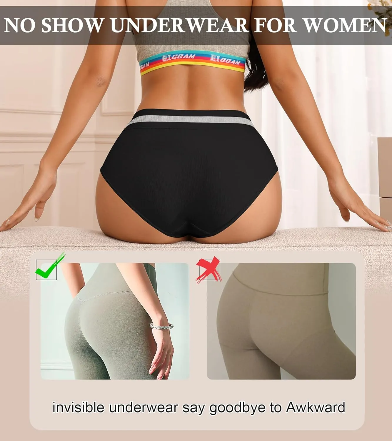 Eiggam Breathable Wicking Underwear High Waist Bikini Underwear Slight Tummy Control Panty Elastic No Show Cheeky Panty Pack