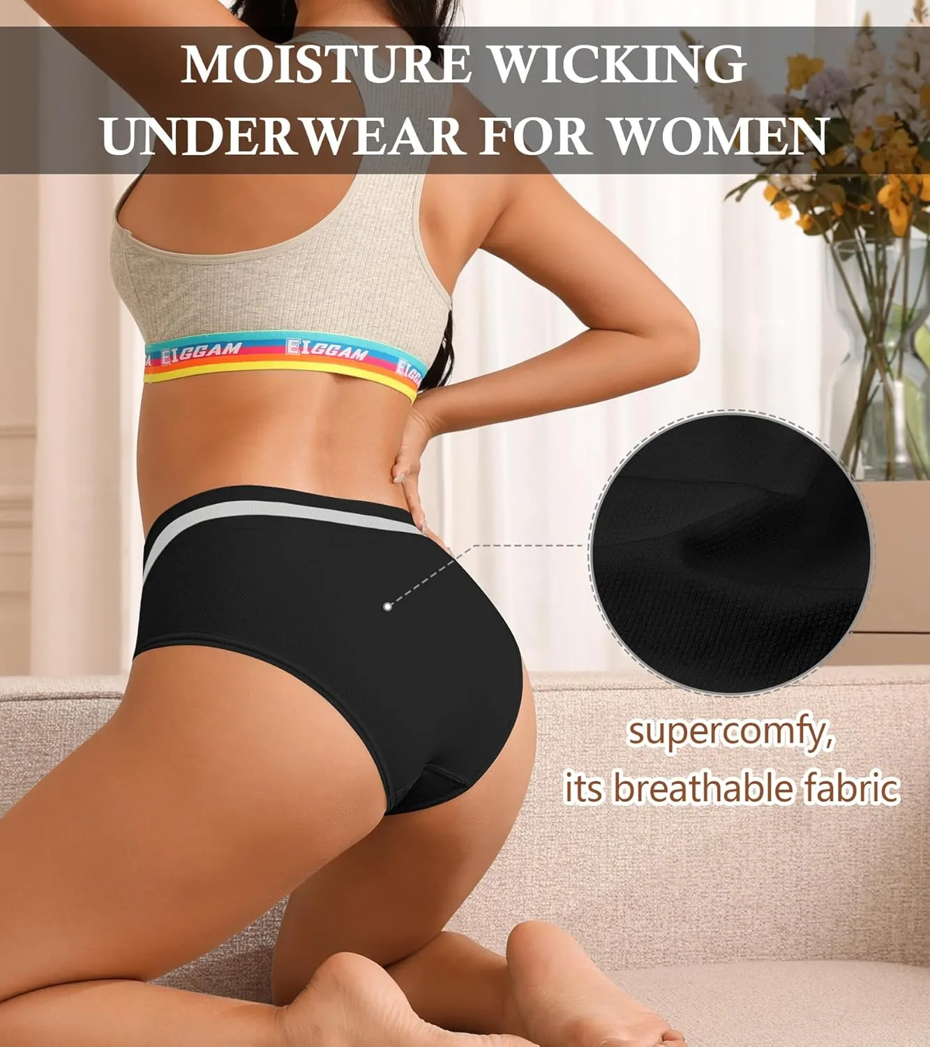 Eiggam Breathable Wicking Underwear High Waist Bikini Underwear Slight Tummy Control Panty Elastic No Show Cheeky Panty Pack