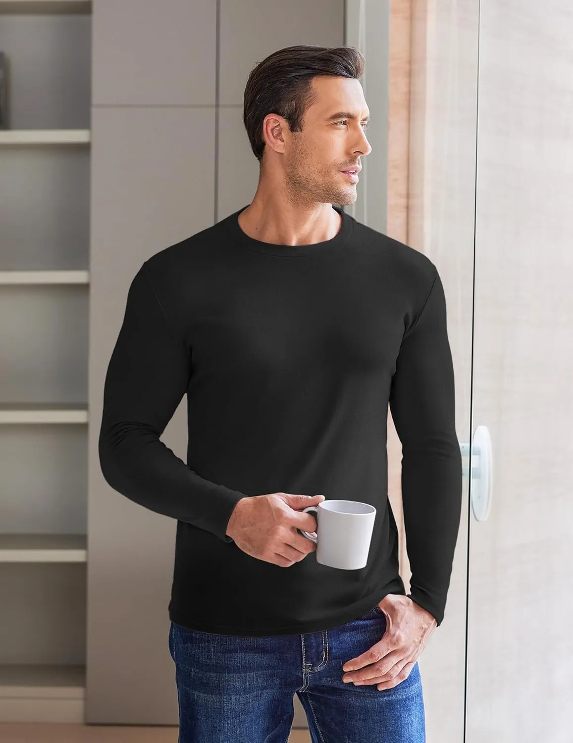 Ekouaer Mens Long Sleeve Shirts Crew Neck Fleece Thermal Undershirts Midweight Sweatshirts Soft Base Layer Pullover Tee Tops