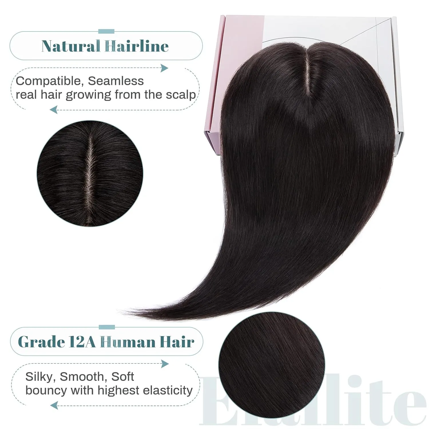 Elailite Human Hair Toppers for Women Real Human Hair Thin 4.7"x3.9" Silk Base Clip in Remy Hairpieces 12 Inch Natural Black