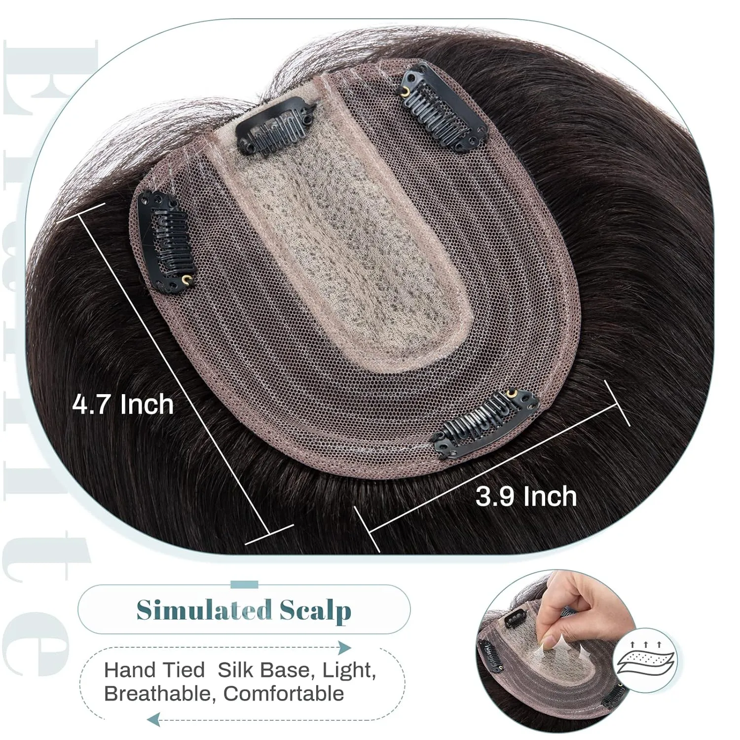 Elailite Human Hair Toppers for Women Real Human Hair Thin 4.7"x3.9" Silk Base Clip in Remy Hairpieces 12 Inch Natural Black