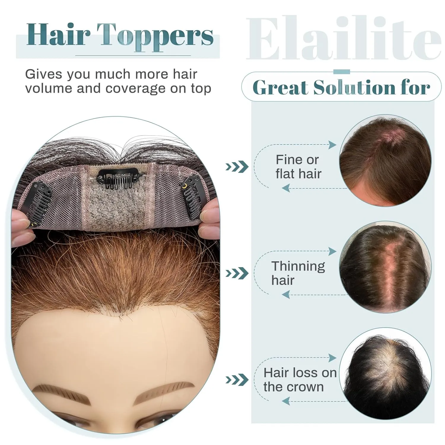 Elailite Human Hair Toppers for Women Real Human Hair Thin 4.7"x3.9" Silk Base Clip in Remy Hairpieces 12 Inch Natural Black