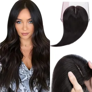 Elailite Human Hair Toppers for Women Real Human Hair Thin 4.7"x3.9" Silk Base Clip in Remy Hairpieces 12 Inch Natural Black