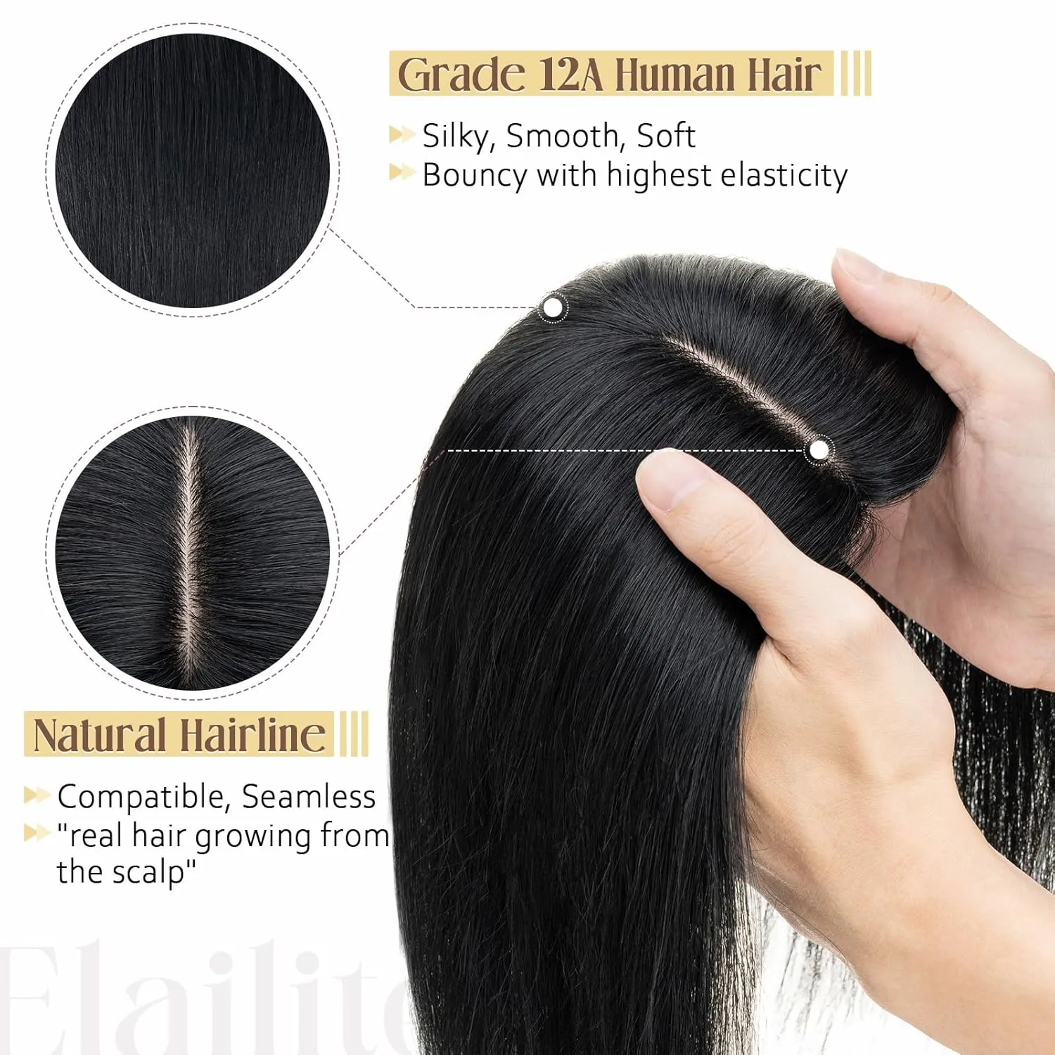 Elailite Human Hair Toppers for Women Real Human Hair Thin 4.7"x3.9" Silk Base Clip in Remy Hairpieces 6 Inch Jet Black