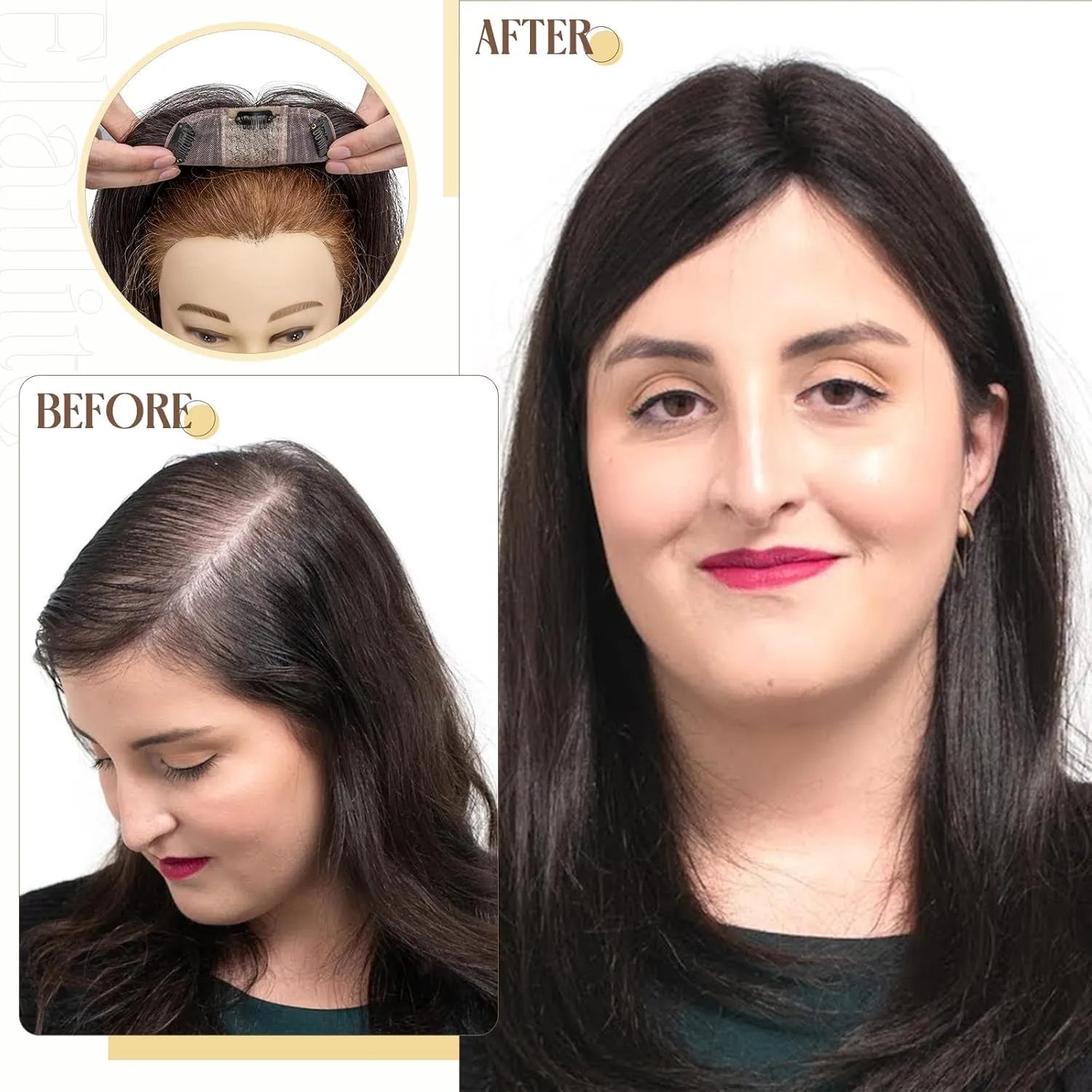 Elailite Human Hair Toppers for Women Real Human Hair Thin 4.7"x3.9" Silk Base Clip in Remy Hairpieces 6 Inch Jet Black