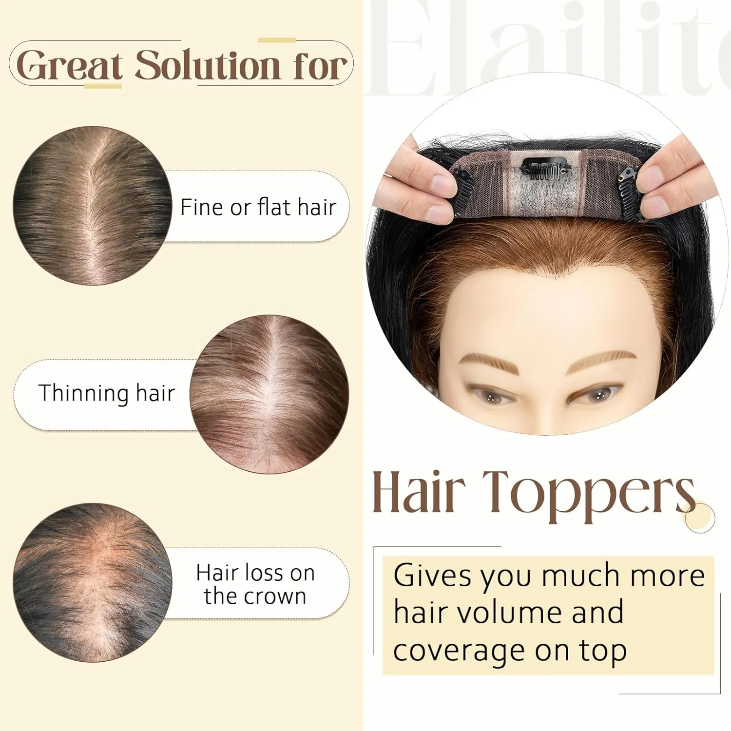 Elailite Human Hair Toppers for Women Real Human Hair Thin 4.7"x3.9" Silk Base Clip in Remy Hairpieces 8 Inch Jet Black