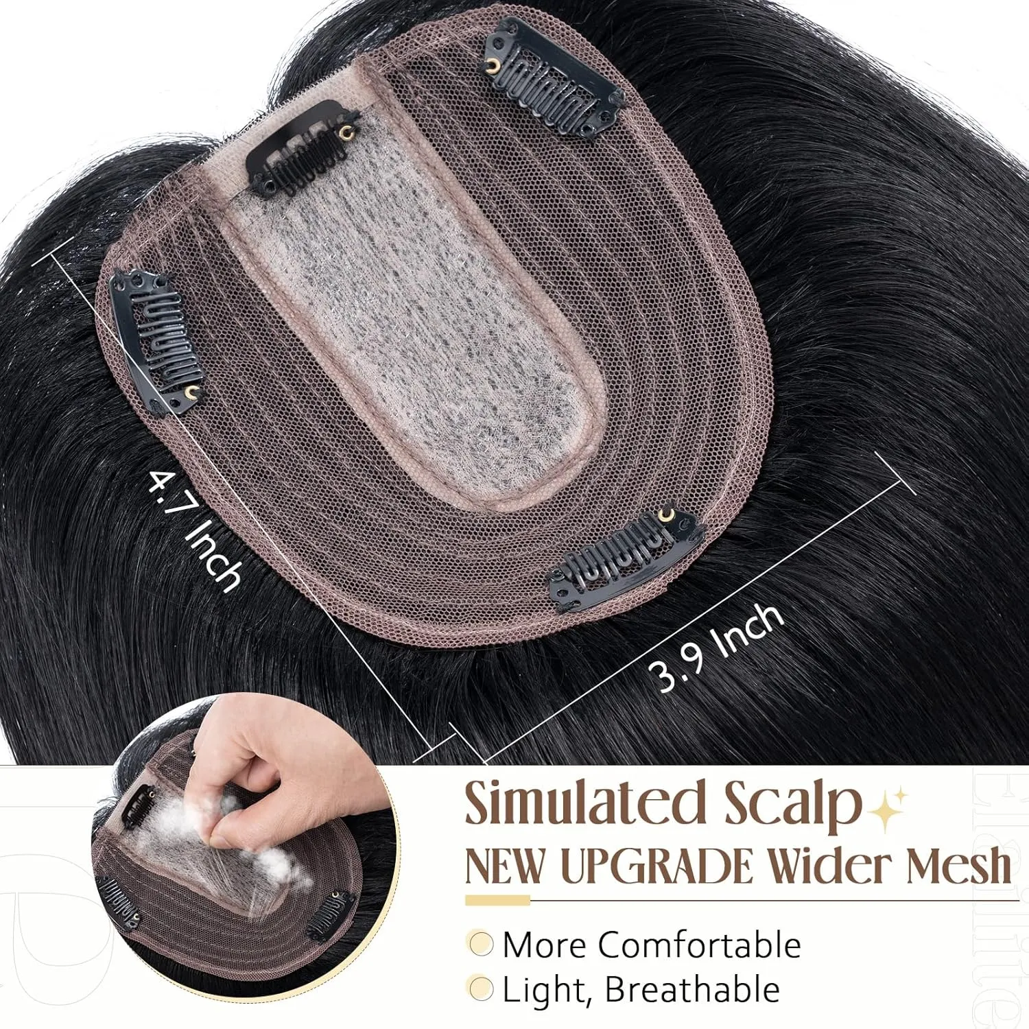 Elailite Human Hair Toppers for Women Real Human Hair Thin 4.7"x3.9" Silk Base Clip in Remy Hairpieces 8 Inch Jet Black