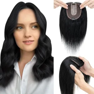 Elailite Human Hair Toppers for Women Real Human Hair Thin 4.7"x3.9" Silk Base Clip in Remy Hairpieces 8 Inch Jet Black