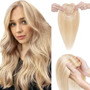 Elailite Human Hair Toppers for Women Real Human Hair Thin 4.7"x3.9" Silk Base Clip in Remy Hairpieces 8 Inch Sandy Blonde mix Bleach Blonde