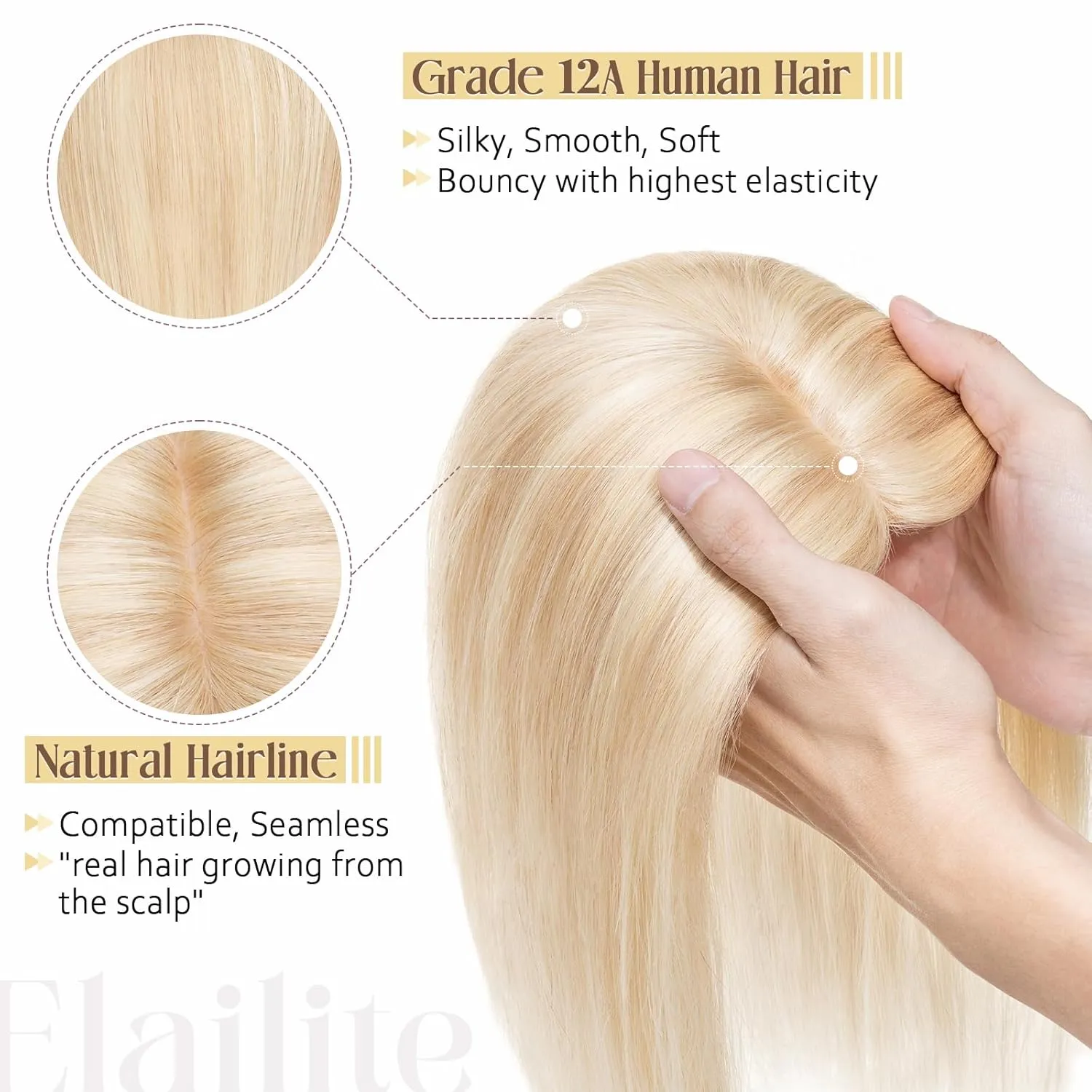 Elailite Human Hair Toppers for Women Real Human Hair Thin 4.7"x3.9" Silk Base Clip in Remy Hairpieces 8 Inch Sandy Blonde mix Bleach Blonde