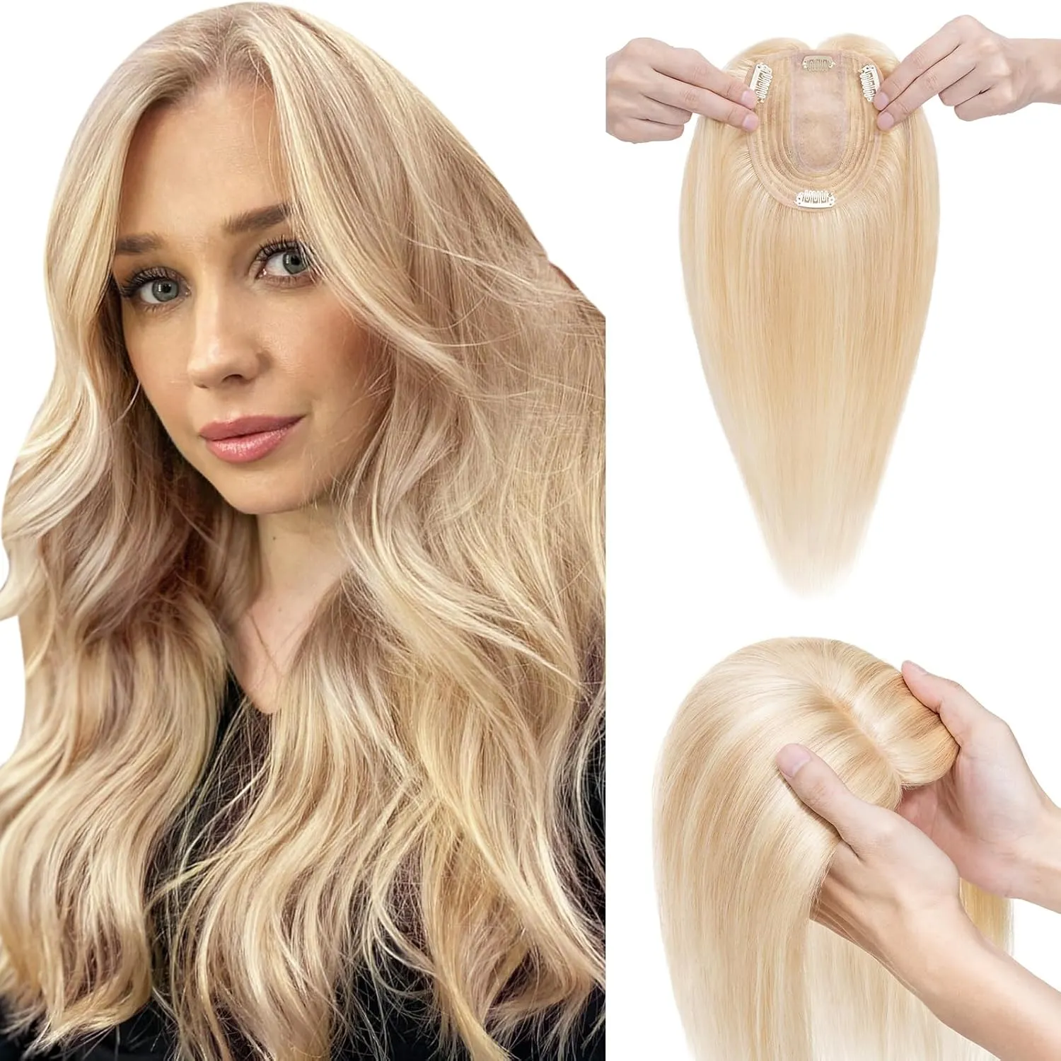 Elailite Human Hair Toppers for Women Real Human Hair Thin 4.7"x3.9" Silk Base Clip in Remy Hairpieces 8 Inch Sandy Blonde mix Bleach Blonde